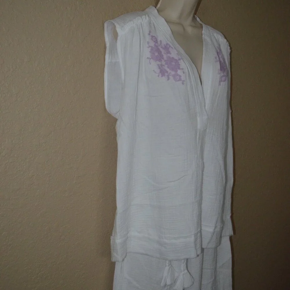 NWOT Sz S/M Vanita Rosa White Gauze Beach Wear Pants & Top Set Outfit